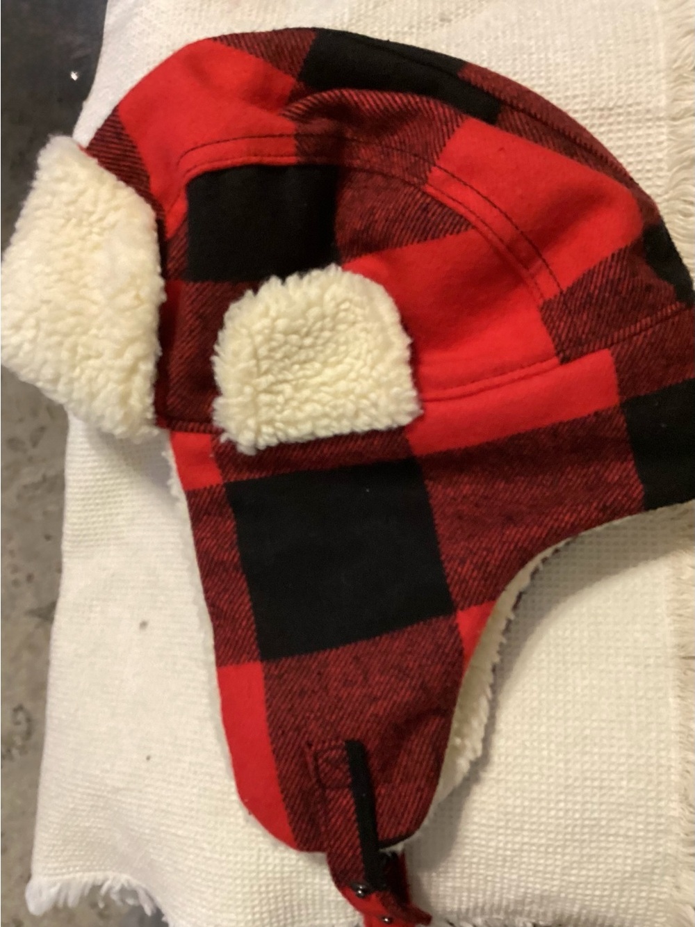 Red & Black Buffalo Plaid Trapper Hat with Cream Sherpa Lining